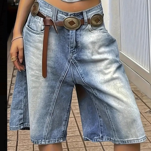 Boutique Pants - Womens Color Block Denim Jorts - Low Rise Wide Leg, Knee Length Shorts